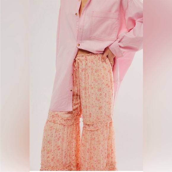 New Free Peoplel Emmaline Tiered Floral Wide Leg Pull-On Pants Peach Combo Sz L - Picture 16 of 16